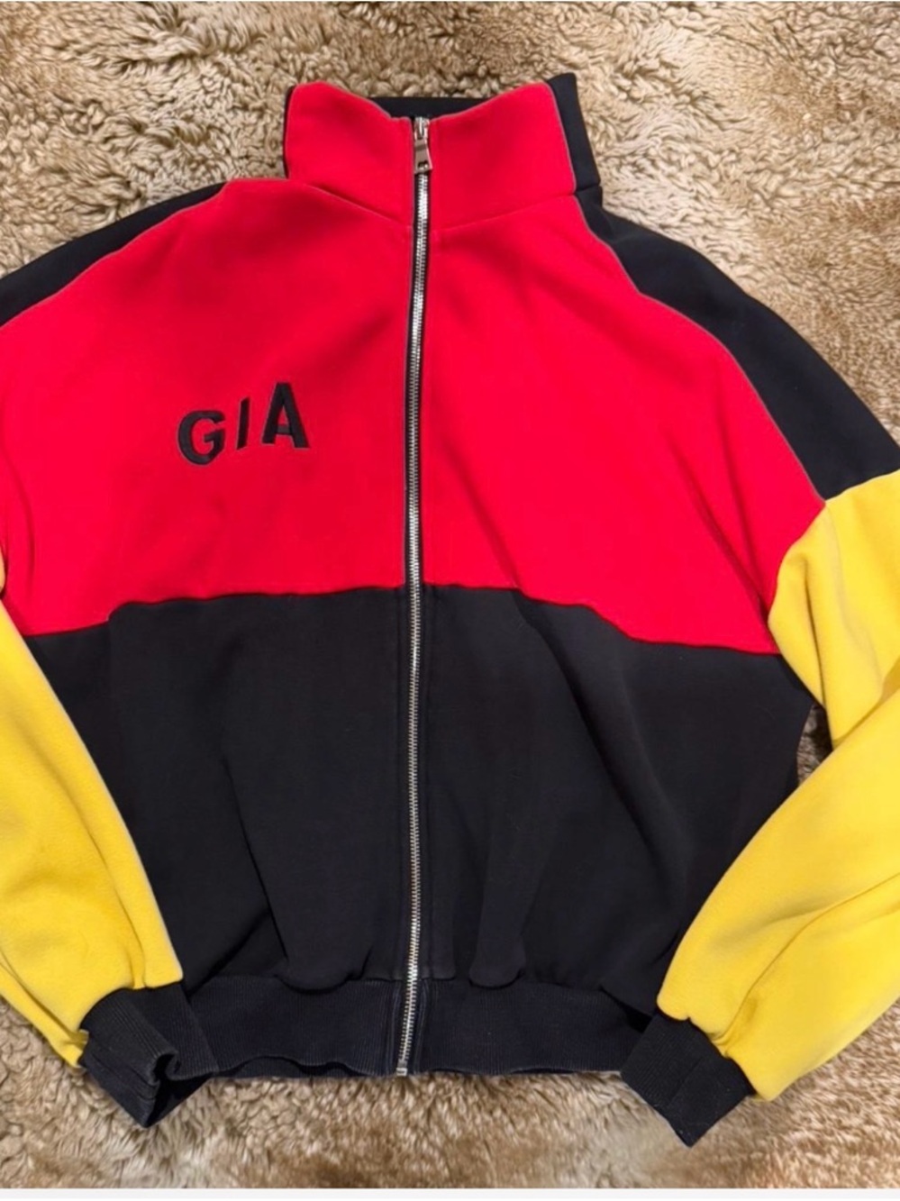 Colorblock Zip-Up Jacket with 'GIA' Embroidery - Red, Black & Yellow